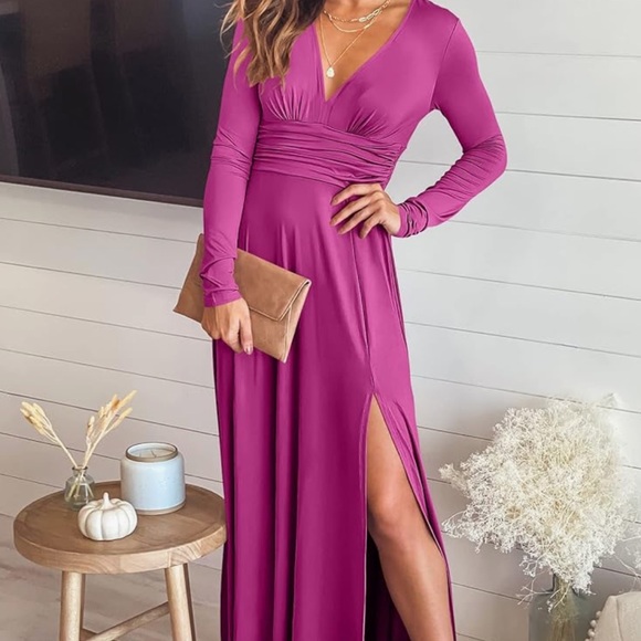 ANRABESS Women Deep V Neck Long Sleeve Slit Elegant Maxi Long Dress - Fuschia - Picture 2 of 6